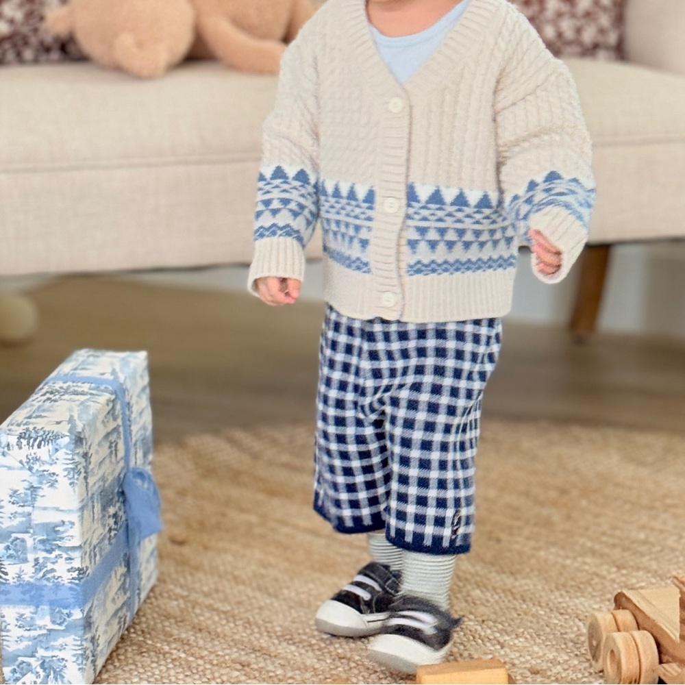 Hand-knit toddler/baby wool fair isle holiday cardigan and cotton plaid shorts